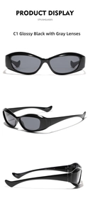 Detail view of model 20263 glossy black Y2K sunglasses showing size and temple specifications