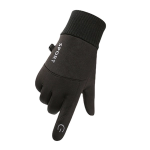 Waterproof winter sports gloves in black with touchscreen fingertips and warm fleece lining