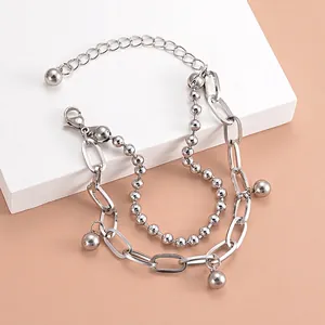 Minimalist double-layered stainless steel bead chain bracelet for women and men in silver