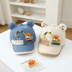 Cute baby baseball caps with bear ears and excavator cartoon in blue and beige