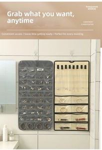 Detail of 80-pocket double-sided jewelry hanging organizer in grey and beige non-woven fabric