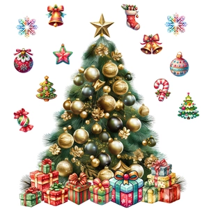 Detail of PVC Christmas tree wall stickers with colorful gift boxes and festive elements