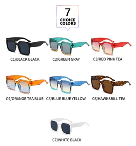 Variation of seven retro oversized square sunglasses with colorful gradient lenses and frames