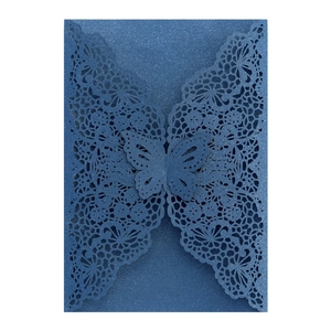 Detailed laser cut butterfly lace wedding invitation cover in shimmering blue paper