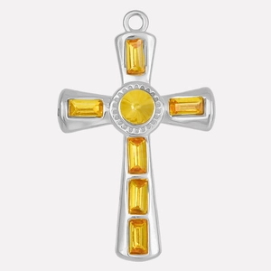 Detail of a 304 stainless steel cross pendant with yellow crystals and a top loop ring
