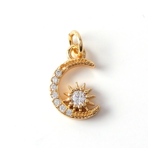 Golden sun and moon charm pendant with sparkling zircon crystals for DIY jewelry making