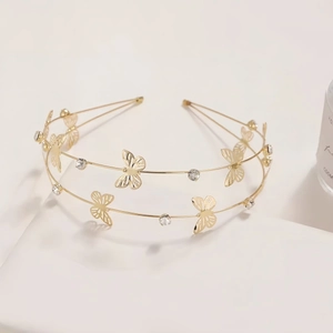 Elegant gold double-layered headband with hollow butterflies and sparkling rhinestones