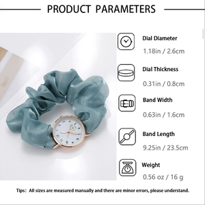 Detailed size chart and parameters for daisy quartz watch with green fabric strap