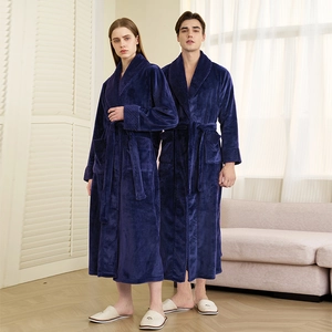 Thick navy blue flannel bathrobe for men and women featuring plush shawl collar and belt