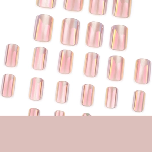 Short square aurora cat-eye press-on nails with holographic pink pearlescent finish