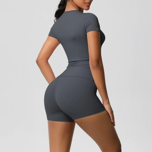 Back view of gray seamless high-stretch workout set featuring slim-fit top and shorts