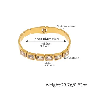 Detailed specs of the gold stainless steel bangle with emerald-cut glass stones
