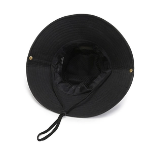 Cappello da pescatore nero a tesa larga per esterni con protezione solare e corda