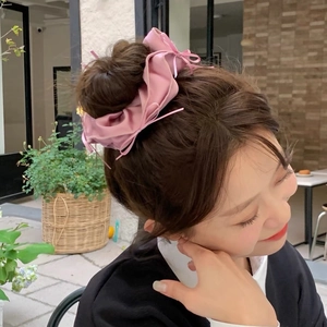 French style pink satin bow scrunchie for women, elegant ribbon hair tie hair accessory