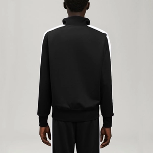 Back view of a black stand-collar sports jacket with white side stripes and athletic fabric