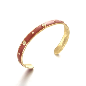 Retro gold plated stainless steel cuff bangle with red enamel and star zircon details