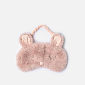 Pink plush rabbit eye mask with soft ears and elastic strap for comfortable sleep