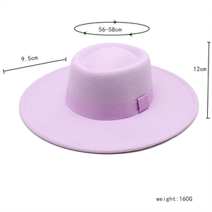 Detail view of lavender wool fedora with 9.5cm brim showing 56-58cm head size measurements