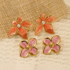 Elegant floral titanium steel earrings with colorful enamel glaze and pearl center