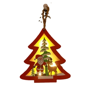 Light-up Christmas tree hollow wooden ornament with Santa and deer interior