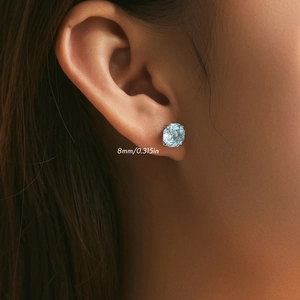 Minimalist s925 silver stud earrings with 8mm round light blue faceted gemstone