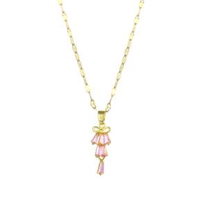 Pink zircon butterfly necklace in gold-plated titanium steel on a white background