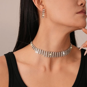 Sparkling rhinestone jewelry set with wide choker and long fringe dangle earrings for women