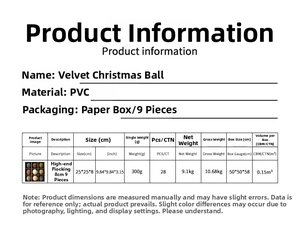Maßtabelle für 8 cm beflockte Samt-Weihnachtskugeln im 9er-Set als Dekoration