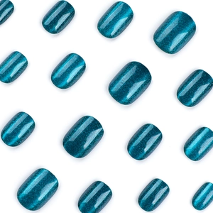 Short square emerald green cat eye press-on nails with sparkling glitter finish