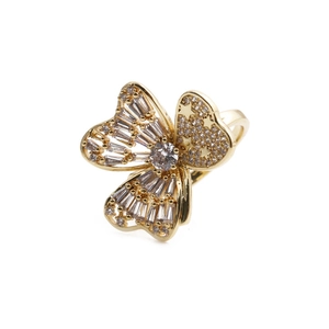Elegant gold flower ring with butterfly design and sparkling cubic zirconia stones