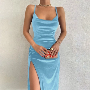Detail view of sky blue satin dress featuring a high side slit and thin spaghetti straps