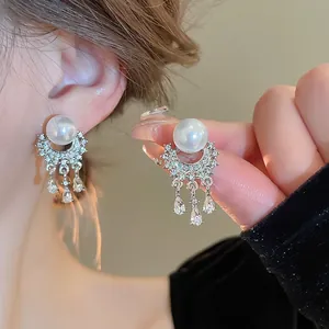 Elegant S925 silver pearl drop earrings with sparkling tassels and zircon crystals