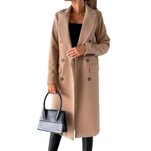 Classic camel double-breasted long wool coat with notched lapels for a stylish autumn look