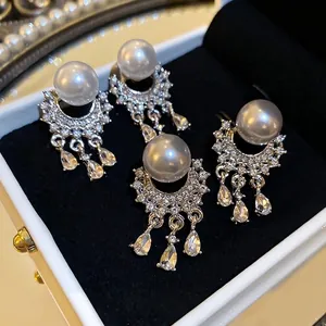 Faux Artificial Pearl Rhinestone Tassel Earrings With Silver Earring Post Crescent Water Drop Pendant Elegant Retro Jewelry For Women