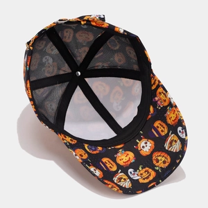 Black Halloween baseball cap featuring orange pumpkin and white ghost patterns