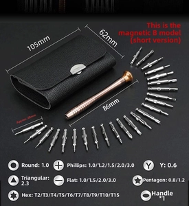 Detailed chart showing 24 precision bits and bronze handle dimensions for screwdriver set