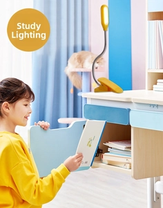 Detail showing flexible neck of yellow LED clip-on desk lamp attached to table edge