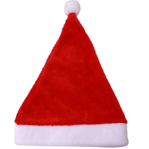 Classic red plush Santa hat with white fur trim and pom-pom on white background