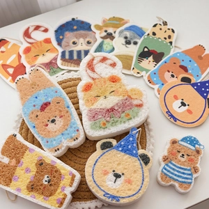 Cute Cartoon Animal Cleaning Sponge Compressed Wood Pulp Cotton Dish Scrubber For Kitchen Absorbent Oil Removal With Lanyard