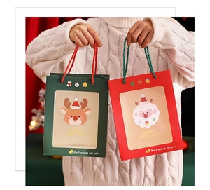 Detail of Christmas gift bags with transparent windows and woven handles held by a person