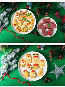 Close-up of colorful iced Christmas cookies in Santa, Reindeer, and Tree shapes