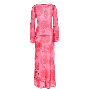 Detail of the sheer mesh back showing the realistic rose floral print on a slim fit dress