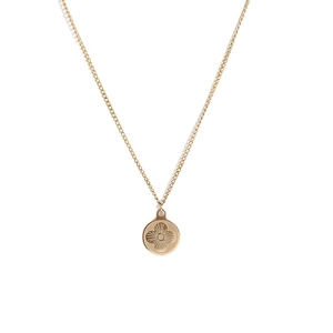 Retro stainless steel clover pendant necklace in gold finish on white background