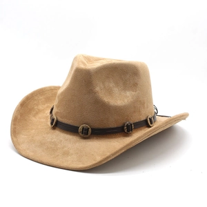 Close-up of khaki suede cowboy hat with brown leather strap and vintage metal rings