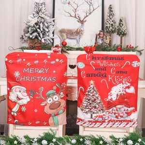 Christmas Dining Chair Back Covers Red Cartoon Santa Reindeer Gnome Print Washable Fabric For Holiday Home Kitchen Party Decor