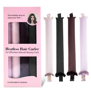 Detail of 4pcs heatless silk hair curlers set in pink, black, brown and purple colors