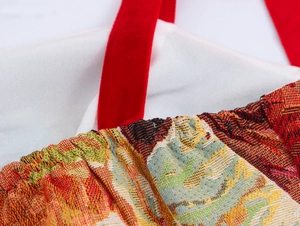 Dettaglio delle spalline in velluto rosso e tessuto jacquard della veste vintage