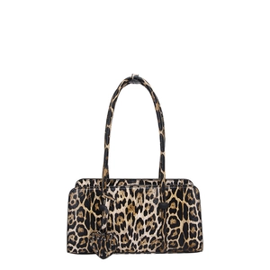 French retro leopard print shoulder bag with heart rivet pendant on white background
