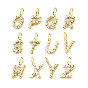 Detail of 14K gold plated initial alphabet pendants with white pearls for DIY jewelry