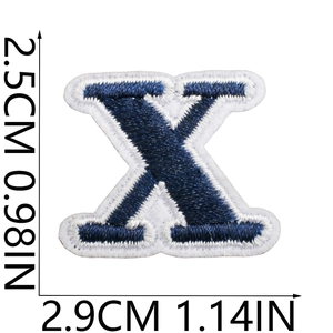 Navy blue embroidered letter X patch with white border and measurement dimensions